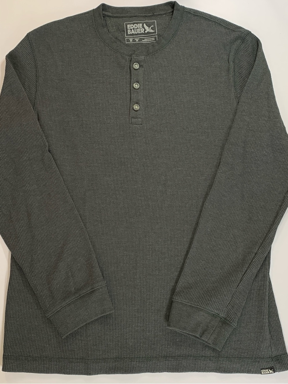 Eddie Bauer Mens Thermal Henley Medium Grey Waffle Knit Long Sleeve Base Layer